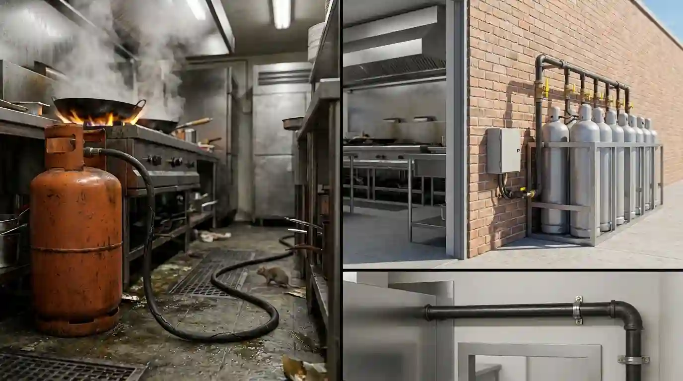 Perbandingan bahaya instalasi gas selang karet digigit tikus di dapur komersial versus solusi instalasi gas sentral pipa black steel outdoor yang aman.