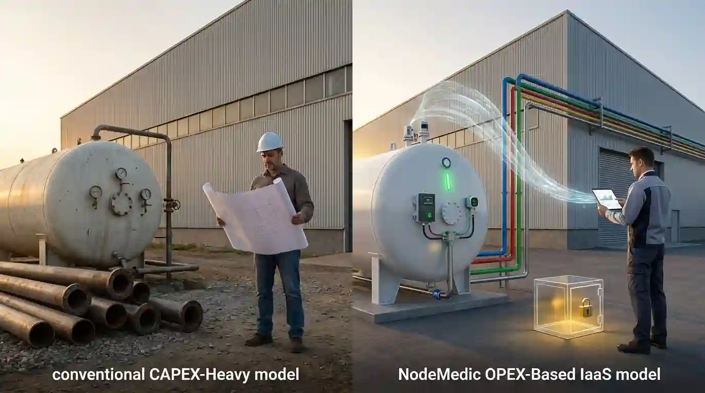 Tabel perbandingan biaya instalasi gas beli putus vs skema zero capex NodeMedic.
