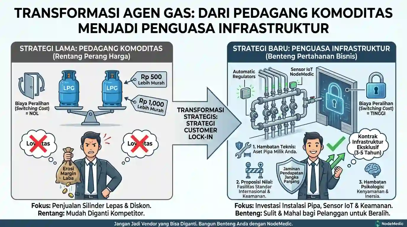 Infografis transformasi agen gas dari perang harga menjadi strategi customer lock-in dengan membangun infrastruktur benteng bisnis.